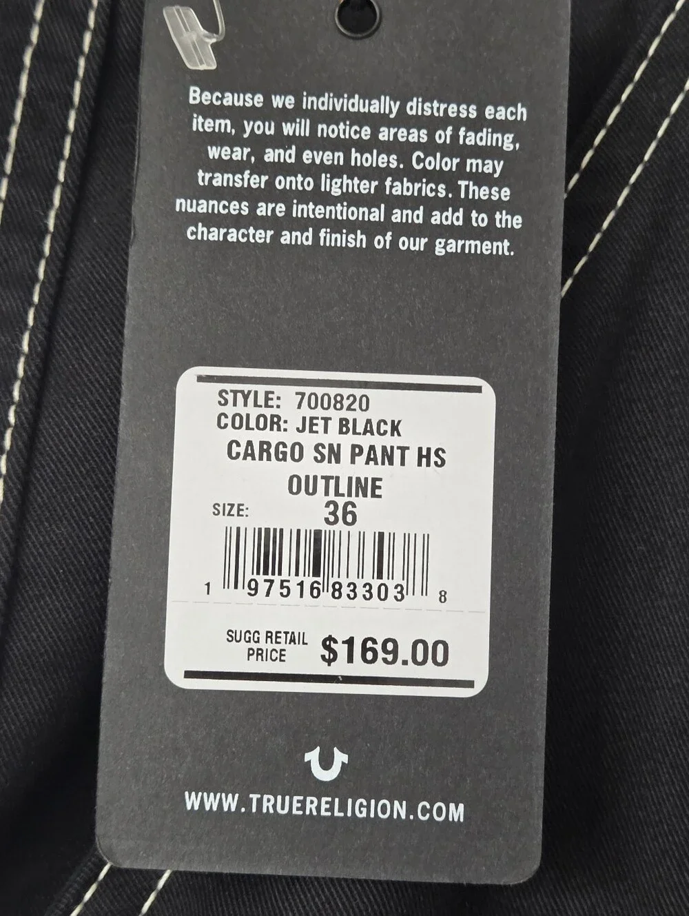 NWT True Religion Men's Cargo Pants  36x32 Black Contrast Stitch Straight Leg